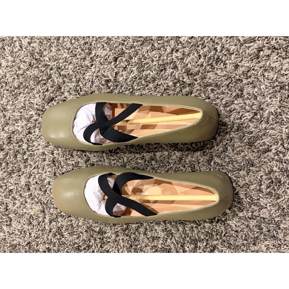 Womens Olive Green Square Toe Block Heel Pumps Crisscross Elastic Straps Size 11